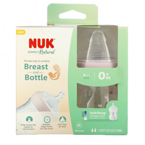 NUK, Simply Natural, Бутылочки, от 0 месяцев, медленно, 2 упаковки, по 150 мл (5 унций) каждая