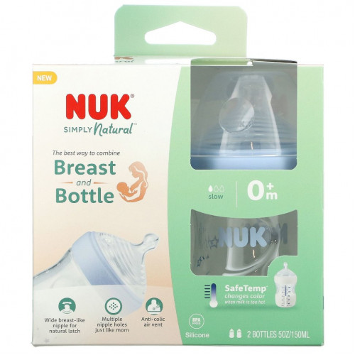 NUK, Simply Natural, детские бутылочки, медленный поток, для младенцев с рождения, 2 шт., 150 мл (5 унций)