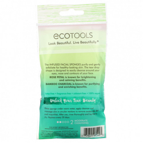 EcoTools, Губки для лица Infused, лепестки роз и бамбуковый уголь, 2 губки