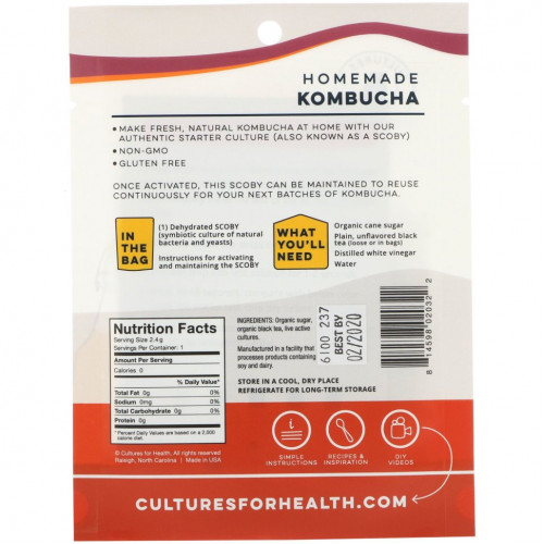 Cultures for Health, комбуча, 1 пакетик, 2,4 г (0,08 унции)