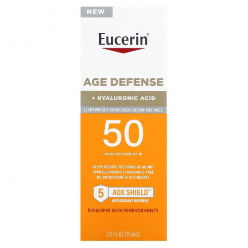 Eucerin, Age Defense, легкий солнцезащитный лосьон для лица, SPF 50, без отдушек, 75 мл (2,5 жидк. Унции)