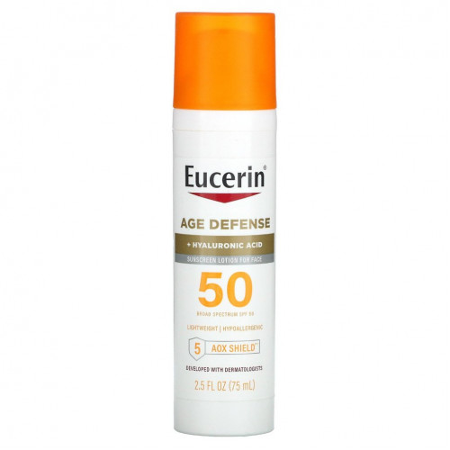 Eucerin, Age Defense, легкий солнцезащитный лосьон для лица, SPF 50, без отдушек, 75 мл (2,5 жидк. Унции)