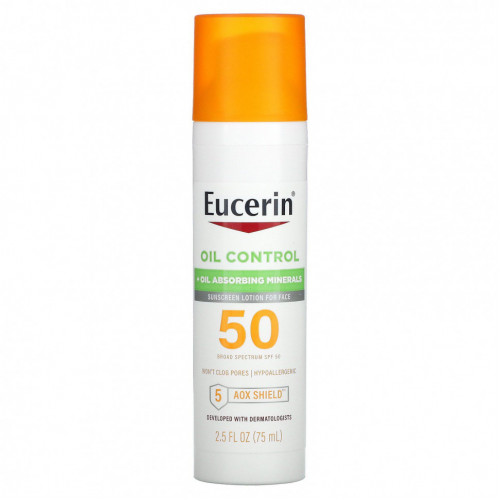 Eucerin, Oil Control, легкий солнцезащитный лосьон для лица, SPF 50, 75 мл (2,5 жидк. Унции)