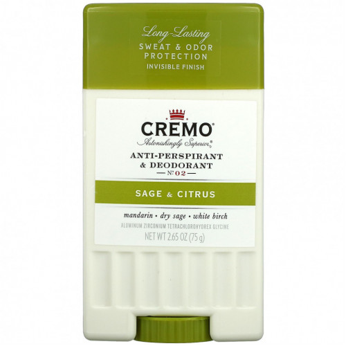 Cremo, Anti-Perspirant & Deodorant, No. 2, Sage & Citrus, 2.65 oz (75 g)