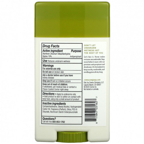 Cremo, Anti-Perspirant & Deodorant, No. 2, Sage & Citrus, 2.65 oz (75 g)