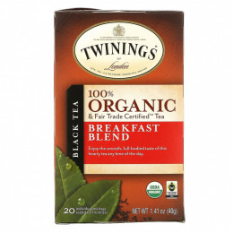 Twinings, 100% Органический Черный Чай, Купаж для Завтрака, 20 пакетиков, 1.41 унций (40 г)