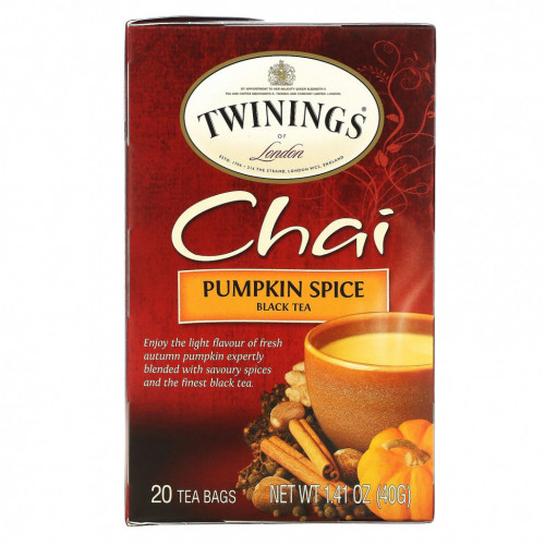 Twinings, Chai, чай со специями, пикантная тыква, 20 чайных пакетиков, 40 г (1,41 унции)