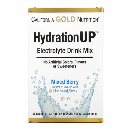 California Gold Nutrition, HydrationUP, смесь для приготовления электролитического напитка, ягодный микс, 20 пакетиков, 4,7 г (0,17 унции) в каждом