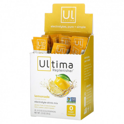 Ultima Replenisher, порошок электролитов со вкусом лимонада, 20 пакетиков, 0,12 унций (3,5 г)