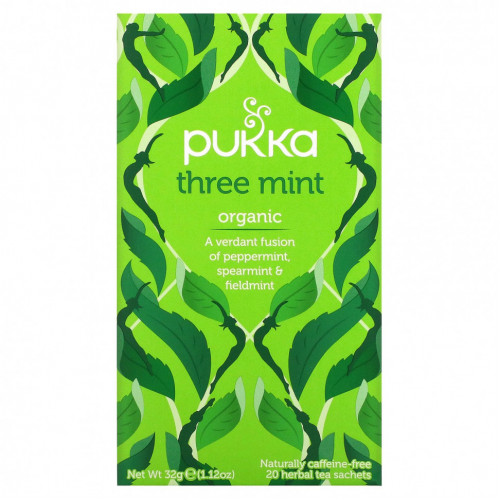 Pukka Herbs, Three Mint, без кофеина, 20 пакетиков травяного чая, 32 г (1,12 унции)