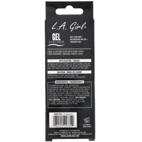 L.A. Girl, Гелевая подводка для глаз Gel Eyeliner, оттенок Jet Black, 3 г