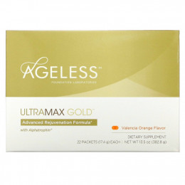 Ageless Foundation Laboratories, UltraMax Gold, улучшенная формула омоложения с альфатрофином, со вкусом валенсийского апельсина, 22 пакетика по 17,4 г каждый