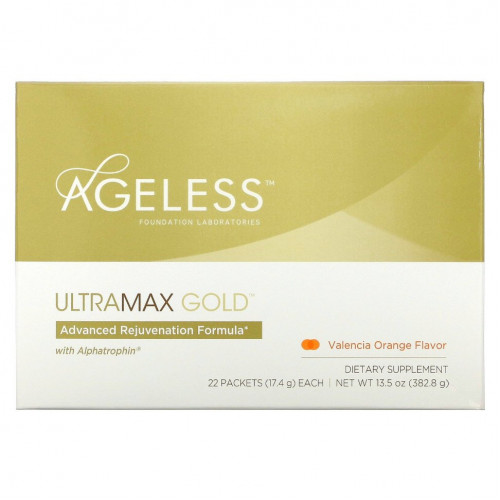 Ageless Foundation Laboratories, UltraMax Gold, улучшенная формула омоложения с альфатрофином, со вкусом валенсийского апельсина, 22 пакетика по 17,4 г каждый