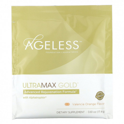 Ageless Foundation Laboratories, UltraMax Gold, улучшенная формула омоложения с альфатрофином, со вкусом валенсийского апельсина, 22 пакетика по 17,4 г каждый