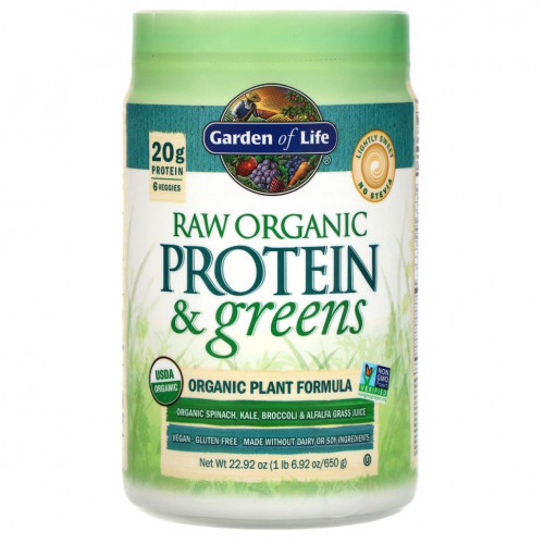 Garden of Life, RAW Protein & Greens, органическая растительная формула, слегка сладкое, 650 г (22,92 унции)