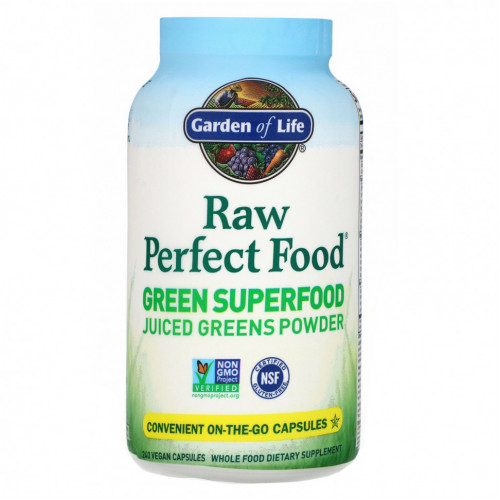 Garden of Life, RAW Perfect Food, Green Superfood, порошок сочной зелени, 240 веганских капсул