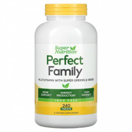 Super Nutrition, Perfect Family, мультивитамины с суперзеленью и травами, без железа, 240 таблеток