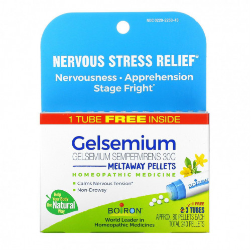 Boiron, Gelsemium, Nervous Stress Relief, Meltaway Pellets, 3 Tubes, Approx. 80 Pellets Each