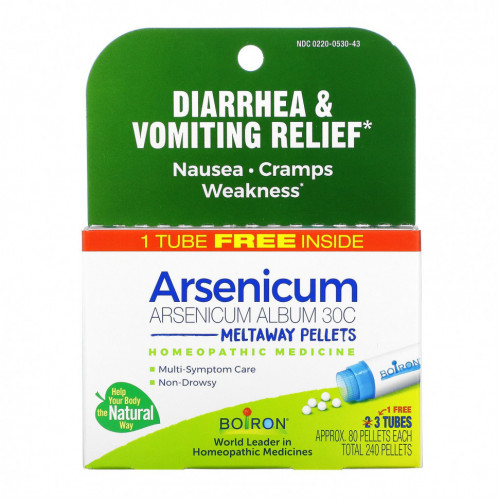 Boiron, Arsenicum, Средство от диареи и рвоты, гранулы Meltaway, 30C, 3 пробирки, 80 гранул в каждой