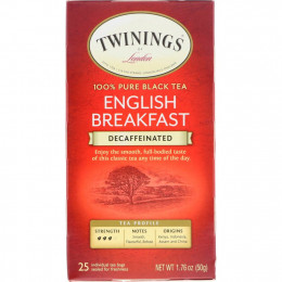 Twinings, 100% чистый черный чай, английский завтрак, без кофеина, 25 чайных пакетиков, 50 г (1,76 унции)