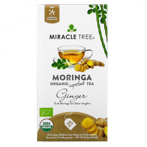 Miracle Tree, Moringa Organic Superfood Tea, с имбирем, без кофеина, 25 чайных пакетиков, 37,5 г (1,32 унции)