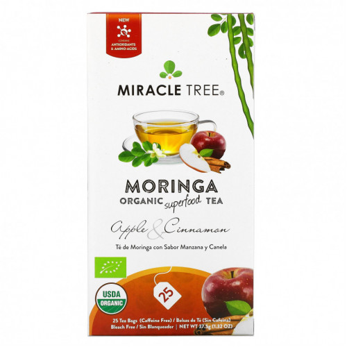 Miracle Tree, Moringa Organic Superfood Tea, яблоко и корица, без кофеина, 25 чайных пакетиков, 37,5 г (1,32 унции)