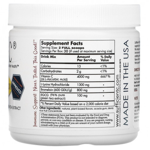 Sufficient C, High Dosed Immune-Ade Drink Mix, Lemon Peach , 4,000 mg , 250 g