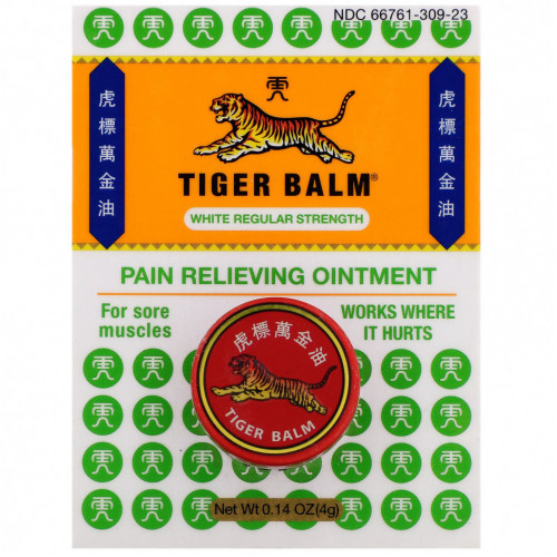 Tiger Balm, Обезболивающий бальзам, белый, средняя сила, 0,14 унции (4 г)