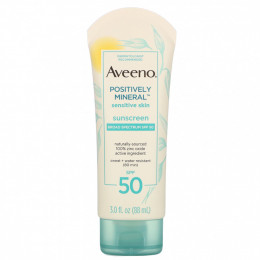 Aveeno, Positively Mineral, солнцезащитное средство для чувствительной кожи, SPF 50, 88 мл (3,0 жидк. унции)