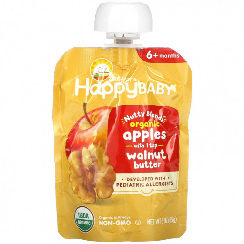 Happy Family Organics, Happy Baby, ореховые смеси, от 6 месяцев, органические яблоки с 1 ч. Л. Орехового масла, 85 г (3 унции)