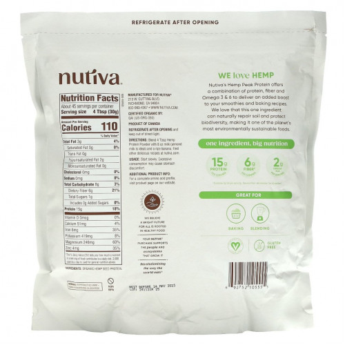 Nutiva, Порошок из органического конопляного протеина, 1,36 кг (3 фунта)