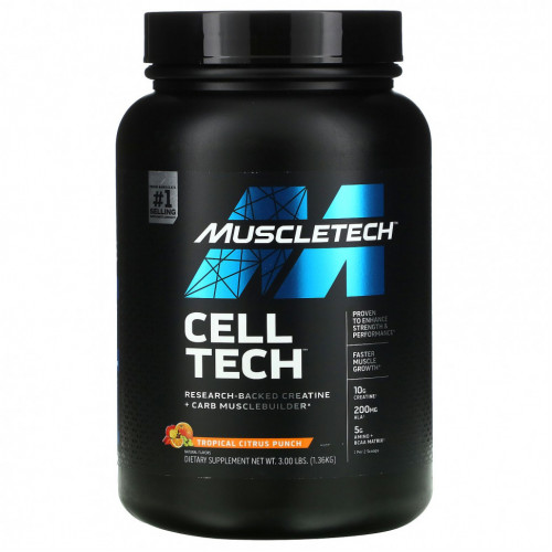 Muscletech, Cell Tech, Креатин + углеводы для наращивания мышечной массы, подтвержденный исследованиями, пунш из тропических цитрусовых, 3 фунта (1,36 кг)