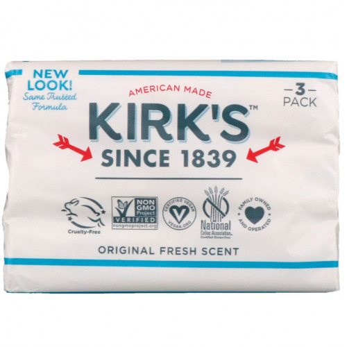 Kirk's, Gentle Castile Soap Bar, Original Fresh Scent, 3 Bars, 4 oz (113 g) Each