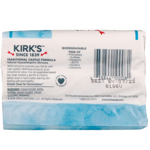 Kirk's, Gentle Castile Soap Bar, Original Fresh Scent, 3 Bars, 4 oz (113 g) Each