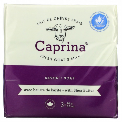 Caprina, Fresh Goat's Milk, мыло, масло ши, 3 батончика, 90 г (3,2 унции)