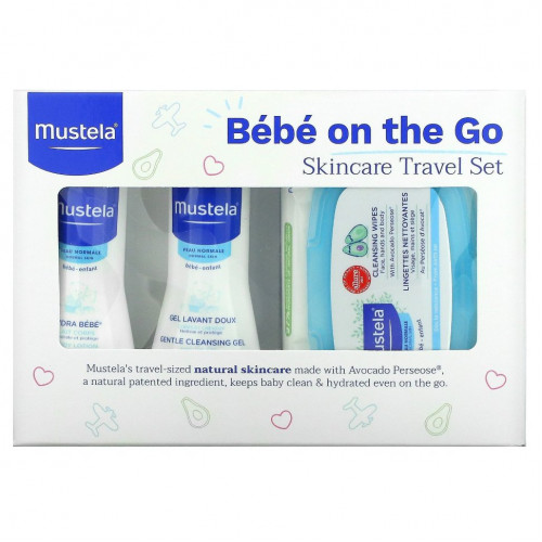 Mustela, Bebe On The Go, дорожный набор для ухода за кожей, набор из 3 предметов