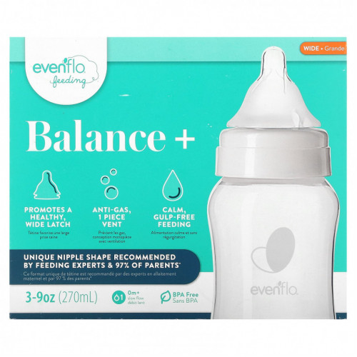 Evenflo Feeding, Balance +, широкие, для детей от 0 месяцев, с медленным потоком, 3 флакона по 270 мл (9 унций)