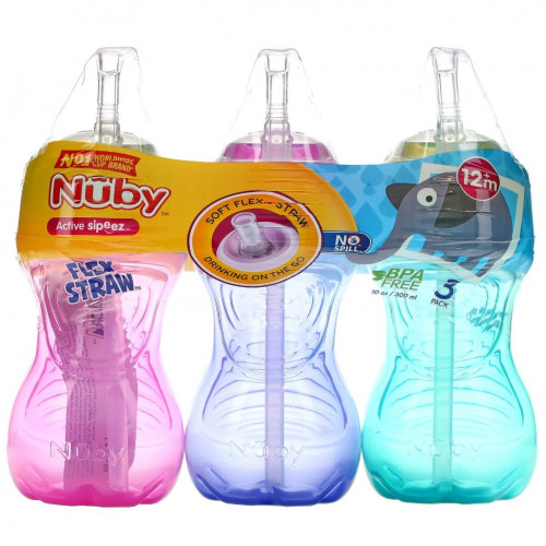 Nuby, No Spill FlexStraw Cups, 12+ M, Girl, 3 Pack, 10 oz (300 ml) Each