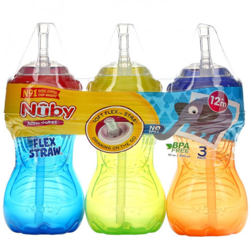 Nuby, No Spill Flexi Straw Gripper Cup, Netural, 3 Pack