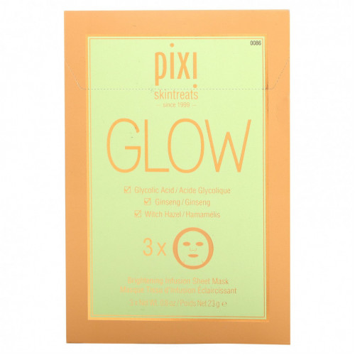 Pixi Beauty, Skintreats, Glow Glycolic Boost, осветляющая тканевая маска для лица с гликолевой кислотой, 3 шт., по 23 г (0,80 унции) каждая