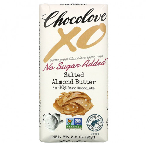 Chocolove, XO, черный шоколад 60% с соленой миндальной пастой, 90 г (3,2 унции)