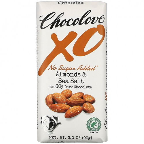 Chocolove, XO, миндаль и морская соль в темном шоколаде 60%, 90 г (3,2 унции)