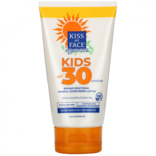 Kiss My Face, Organics, Kids, минеральный солнцезащитный лосьон широкого спектра действия, SPF 30, 100 мл (3,4 жидк. унции)