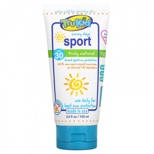 TruKid, Sunny Days Sport, солнцезащитное средство, SPF 30, без запаха, 100 мл (3,4 жидк. Унции)