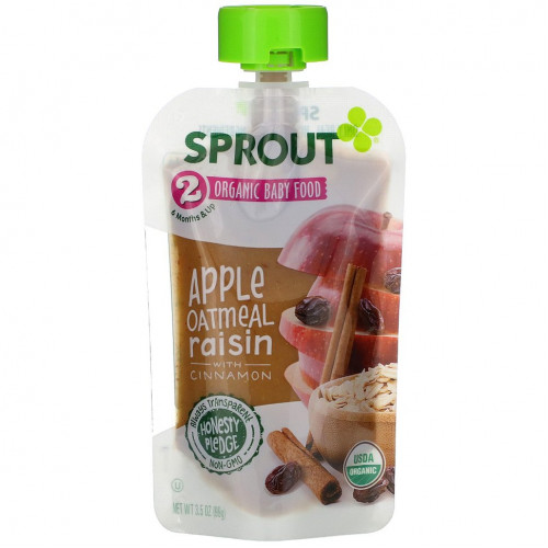 Sprout Organic, Детское питание, от 6 месяцев, яблочно-овсяный изюм с корицей, 99 г (3,5 унции)