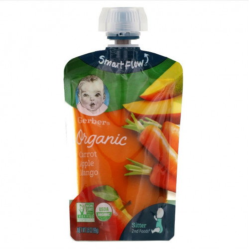 Gerber, Smart Flow, Organic, морковь, яблоко и манго, 99 г (3,5 унции)