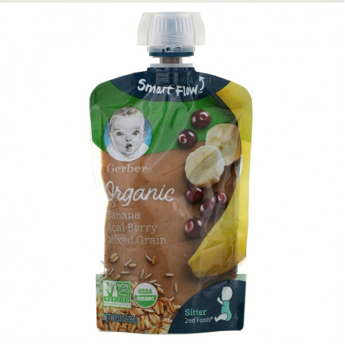 Gerber, Smart Flow, Organic, банан и ягоды асаи, смешанные злаки, 99 г (3,5 унции)