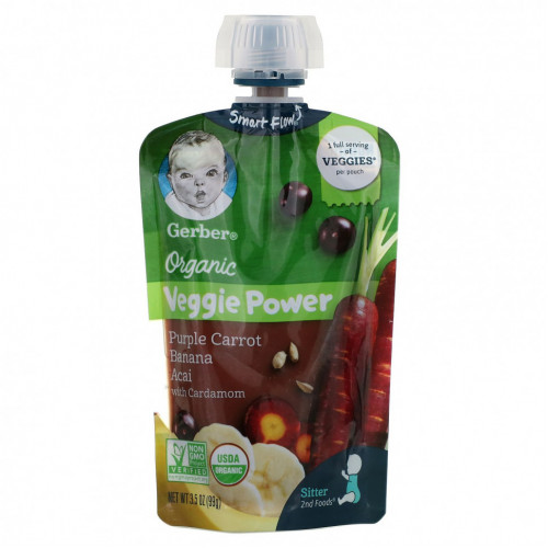 Gerber, Smart Flow, Organic, Veggie Power, фиолетовая морковь, банан, асаи с кардамоном, 99 г (3,5 унции)