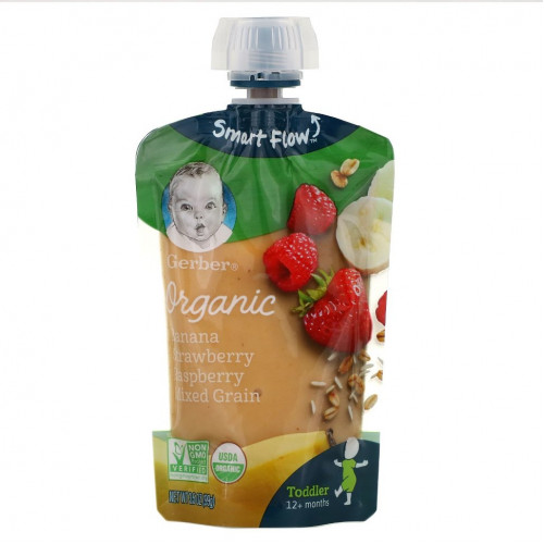 Gerber, Smart Flow, Organic, банан, клубника и малина, смешанные злаки, от 12 месяцев, 99 г (3,5 унции)