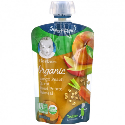 Gerber, Organic Mango, Peach, Carrot, Sweet Potato, Oatmeal, Toddler, 12+ Months, 3.5 oz (99 g)